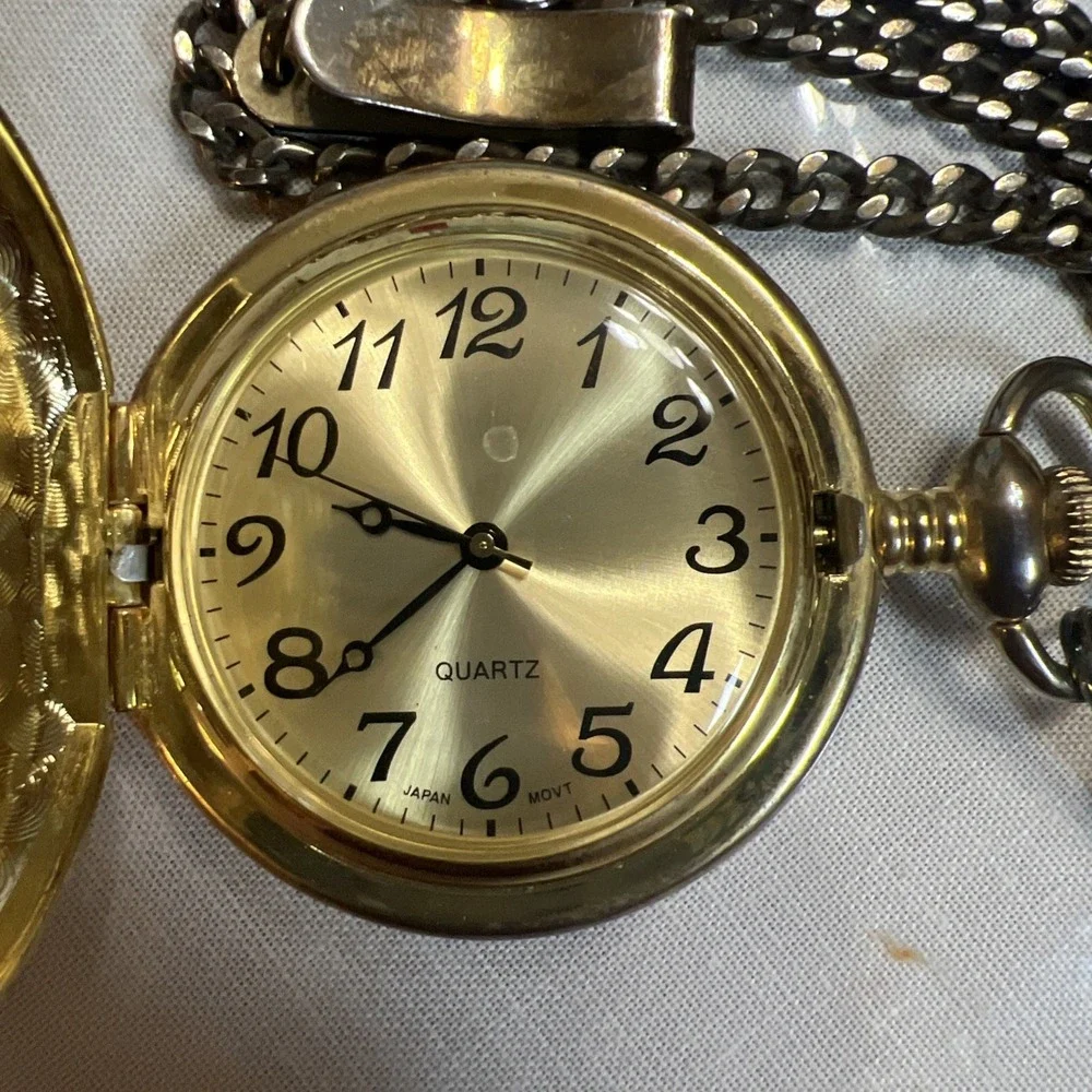 M.Z Berger Quartz‎ Pocket Watch Motorcycle Goldtone Biker Timepiece New Battery